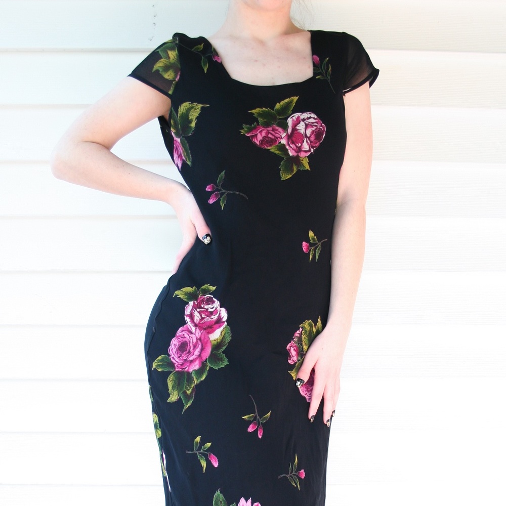 S Long Black Dress with Pink Floral Print